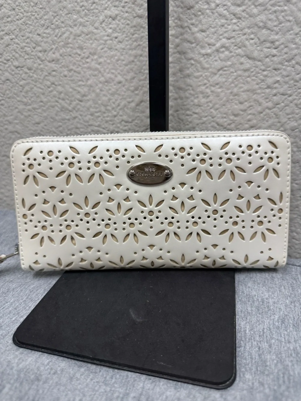 Coach White Laser-Cut Floral Zip Wallet